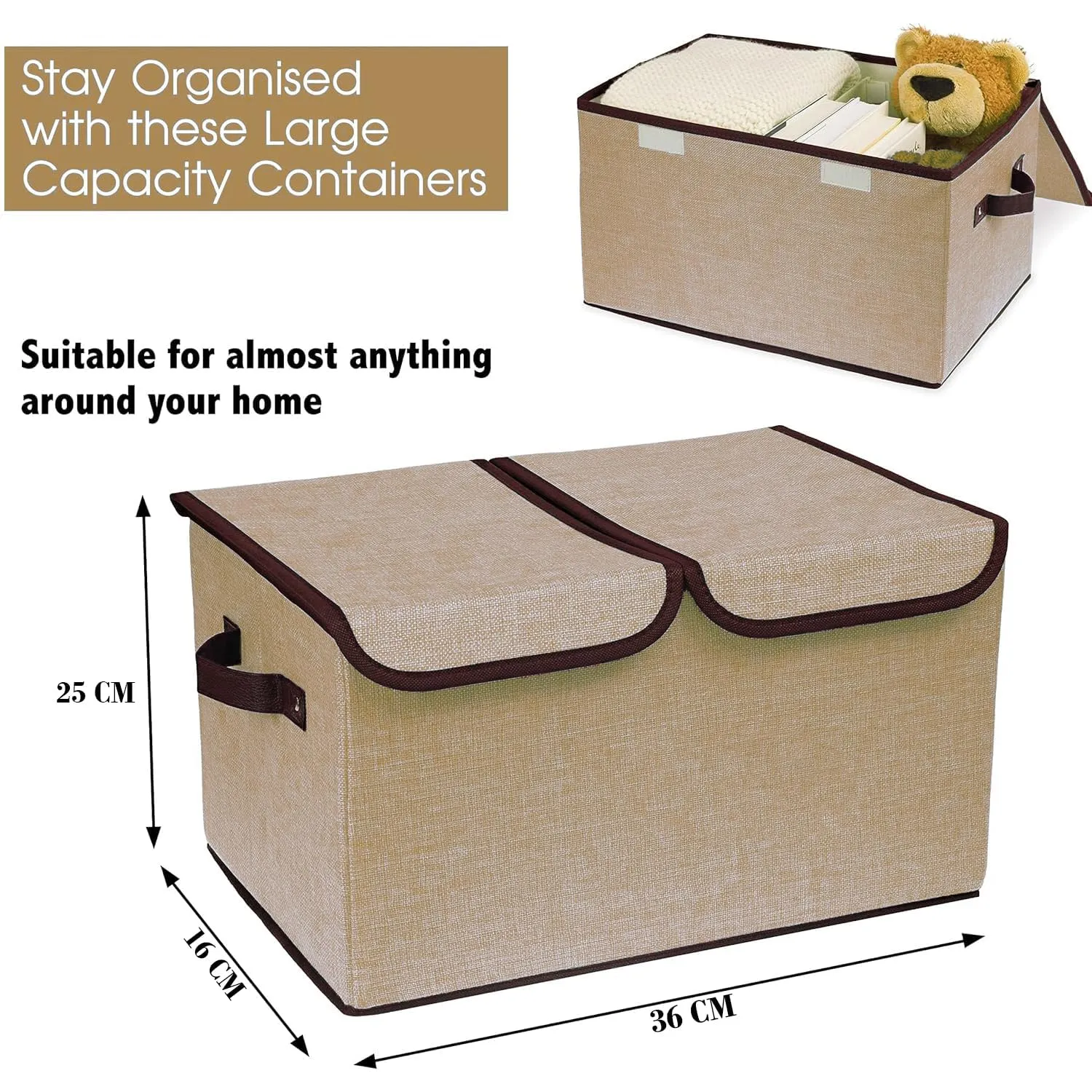 Kuber Industries Double Lid Foldable Storage Box|Toys Storage Bin|Wardrobe Organizer For Clothes|Front Handle & Stackable Pack Of-2 (Beige)