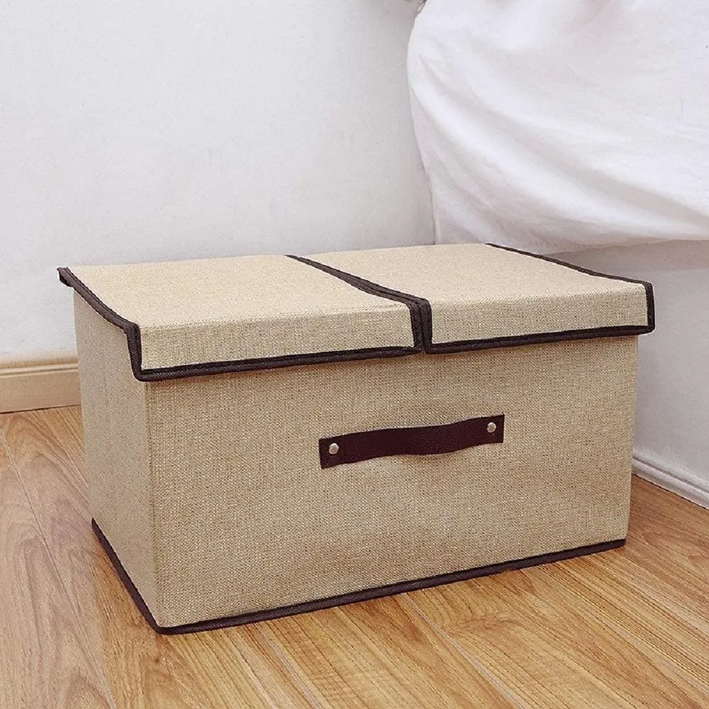 Kuber Industries Double Lid Foldable Storage Box|Toys Storage Bin|Wardrobe Organizer For Clothes|Front Handle & Stackable Pack Of-2 (Beige)