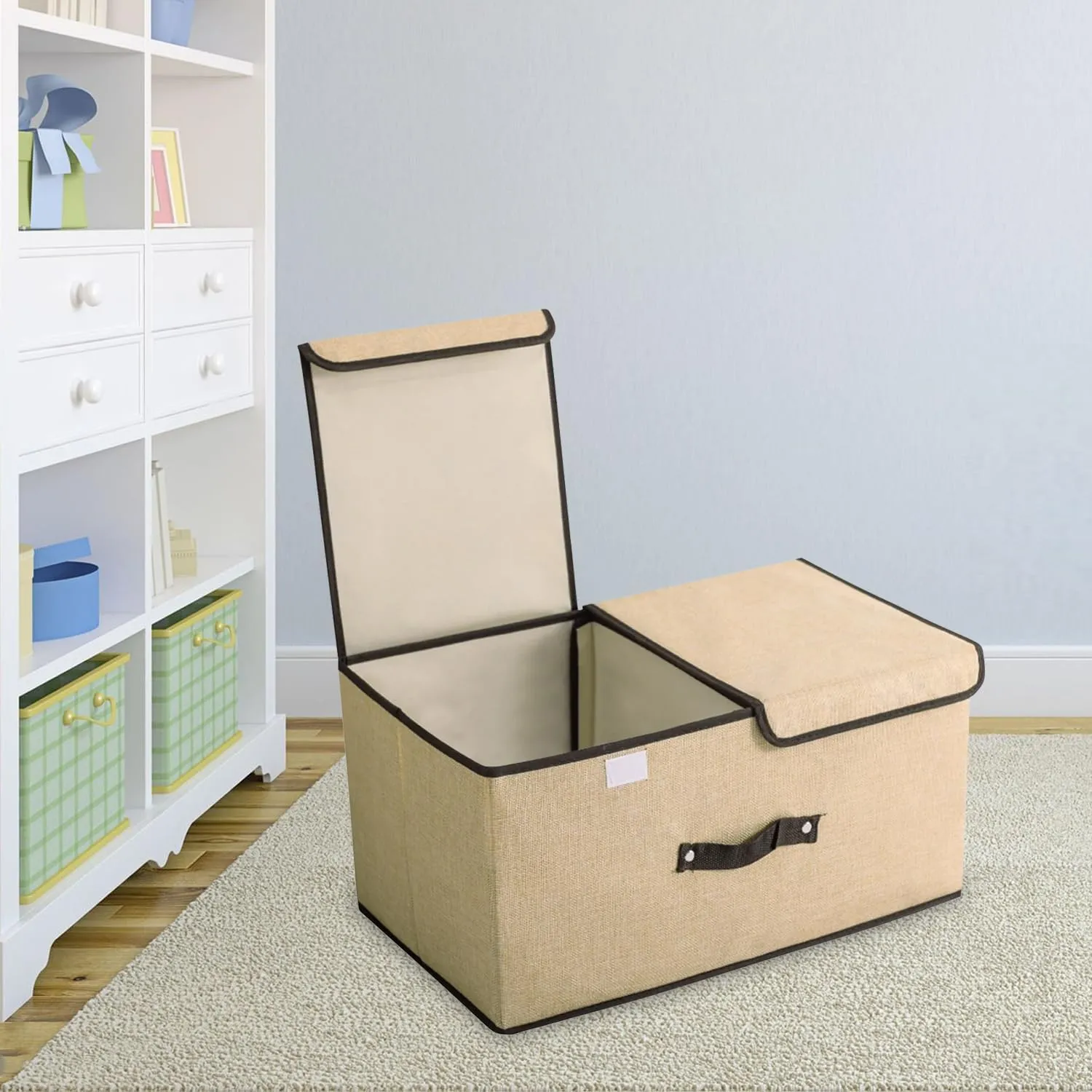 Kuber Industries Double Lid Foldable Storage Box|Toys Storage Bin|Wardrobe Organizer For Clothes|Front Handle & Stackable Pack Of-2 (Beige)