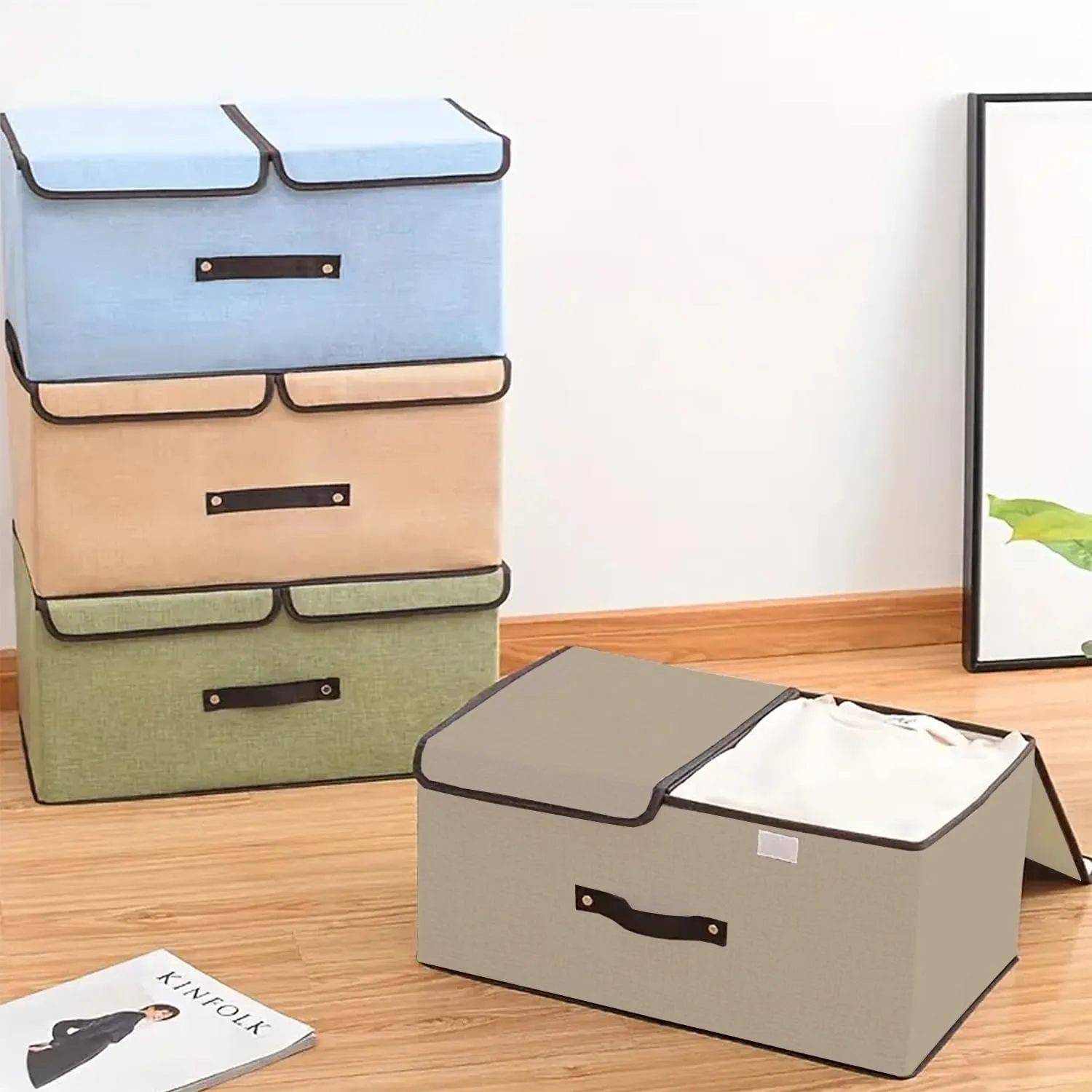 Kuber Industries Double Lid Foldable Storage Box|Toys Storage Bin|Wardrobe Organizer For Clothes|Front Handle & Stackable Pack Of-2 (Beige)