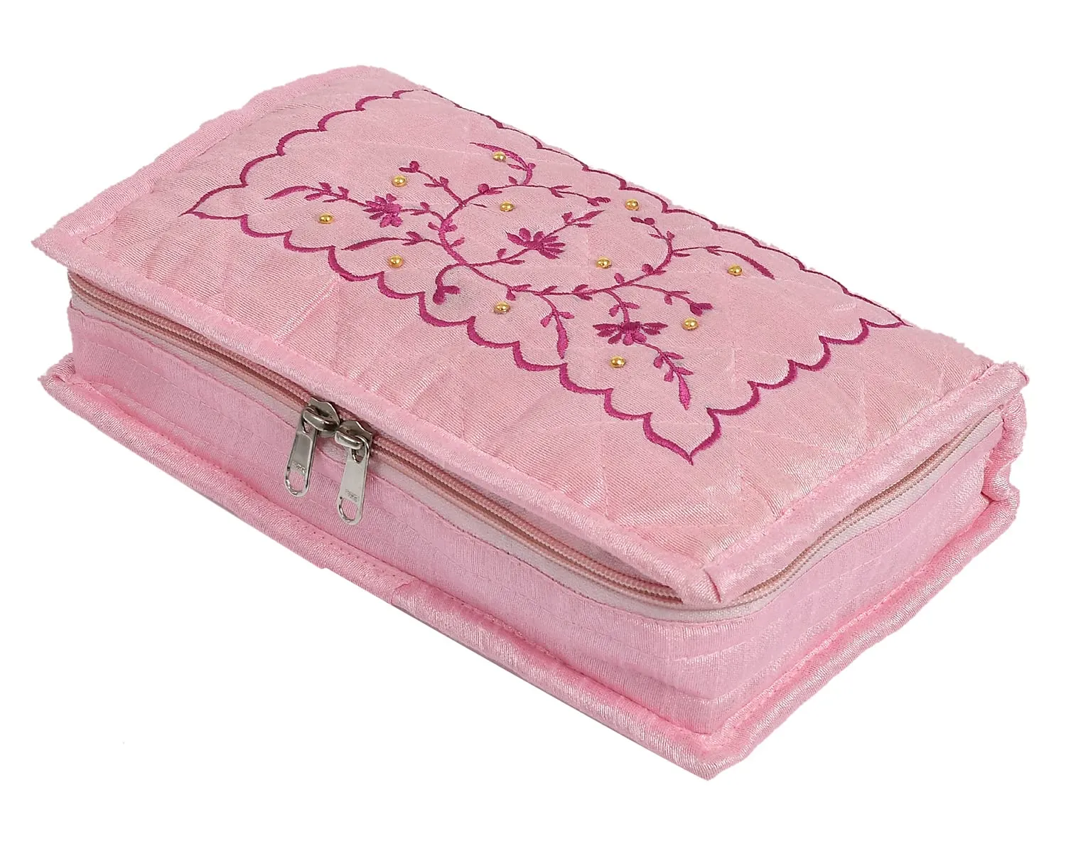 Kuber Industries Embroidery Design Portable Jewellery Organizer With 6 Tranasparent Pockets For Keeps Your Jewellery,Earrings, Pendants Organized And Secure- Pack of 4 (Pink)