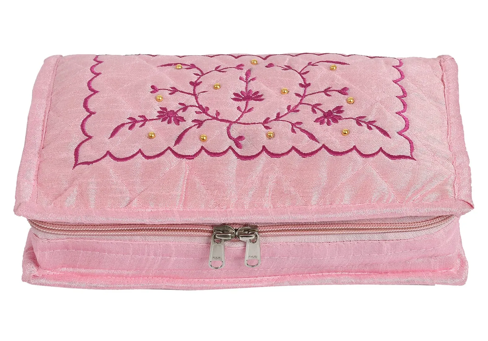 Kuber Industries Embroidery Design Portable Jewellery Organizer With 6 Tranasparent Pockets For Keeps Your Jewellery,Earrings, Pendants Organized And Secure- Pack of 4 (Pink)