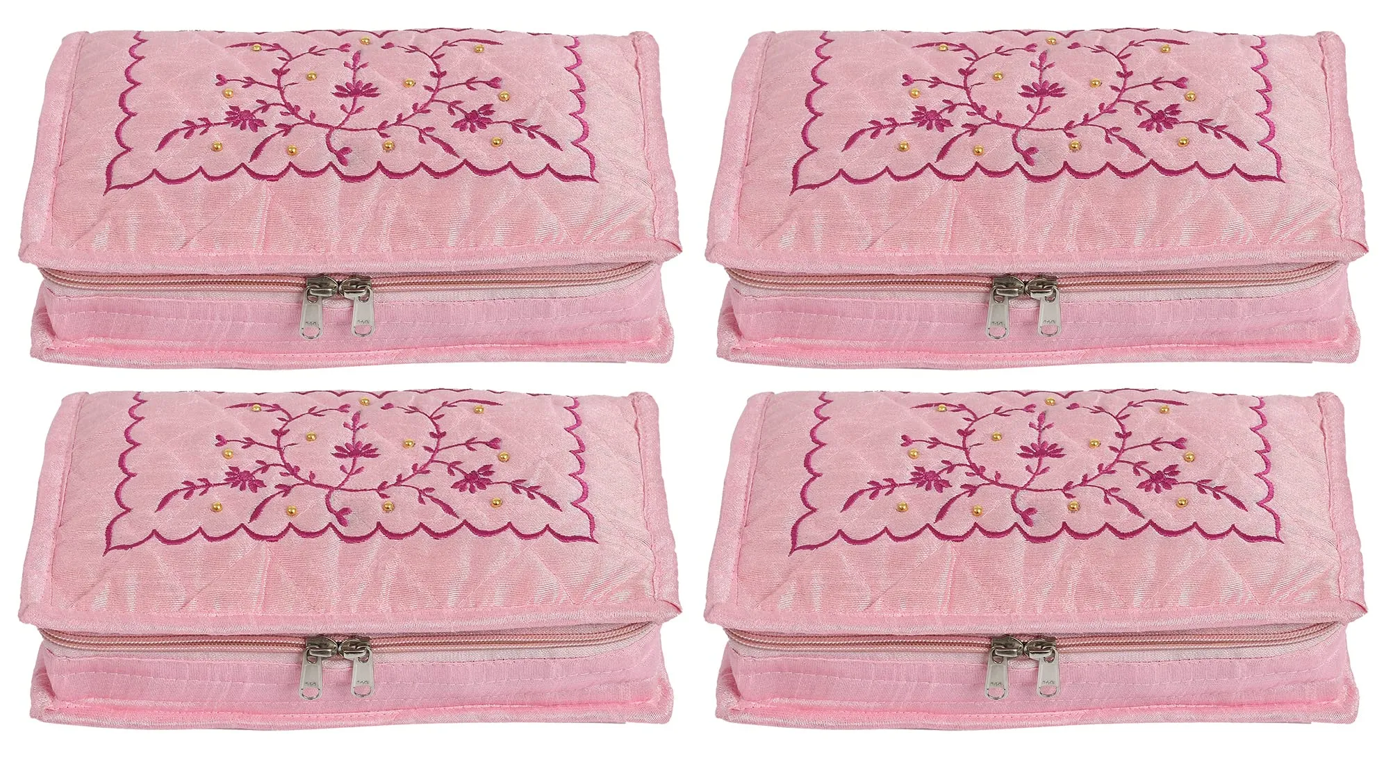 Kuber Industries Embroidery Design Portable Jewellery Organizer With 6 Tranasparent Pockets For Keeps Your Jewellery,Earrings, Pendants Organized And Secure- Pack of 4 (Pink)