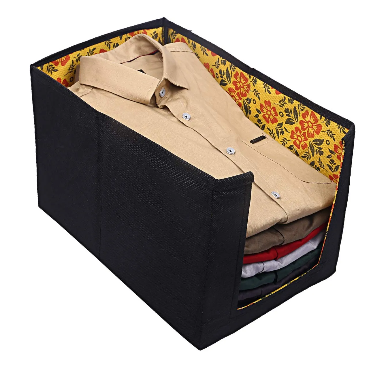 Kuber Industries Flower Design Non-Woven 2 Pieces Shirt Stacker Wardrobe Organizer (Yellow & Blue) - CTKTC23246