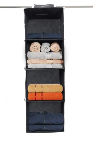 Kuber Industries Non Woven Hanging 4 Shelves Foldable Wardrobe/Closet Cloth Organizer (Black)-KULUG15328
