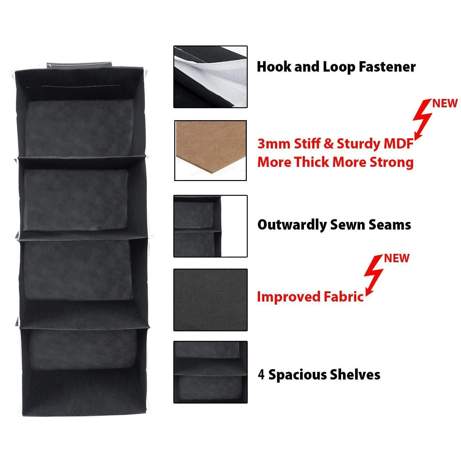 Kuber Industries Non Woven Hanging 4 Shelves Foldable Wardrobe/Closet Cloth Organizer (Black)-KULUG15328