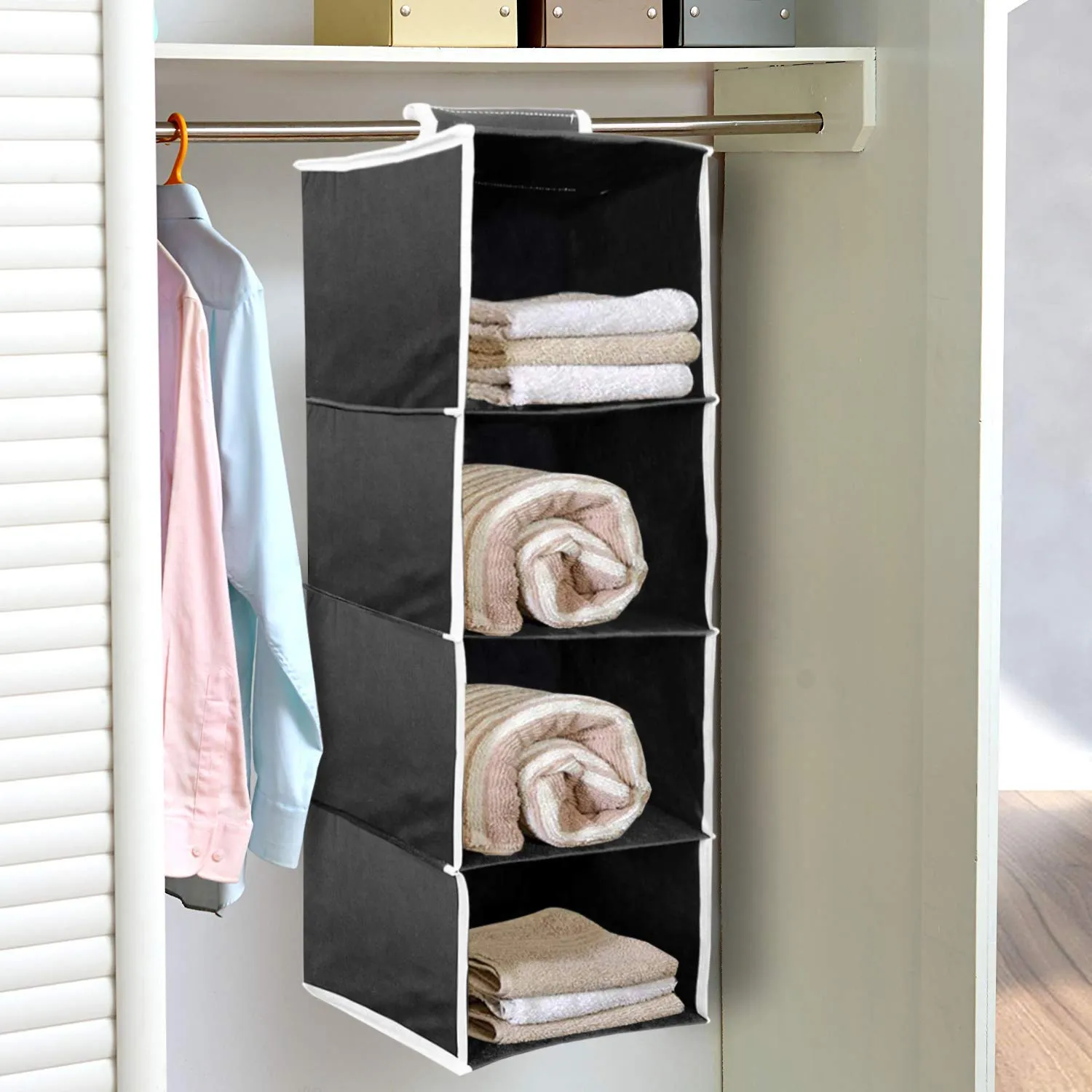 Kuber Industries Non Woven Hanging 4 Shelves Foldable Wardrobe/Closet Cloth Organizer (Black)-KULUG15328
