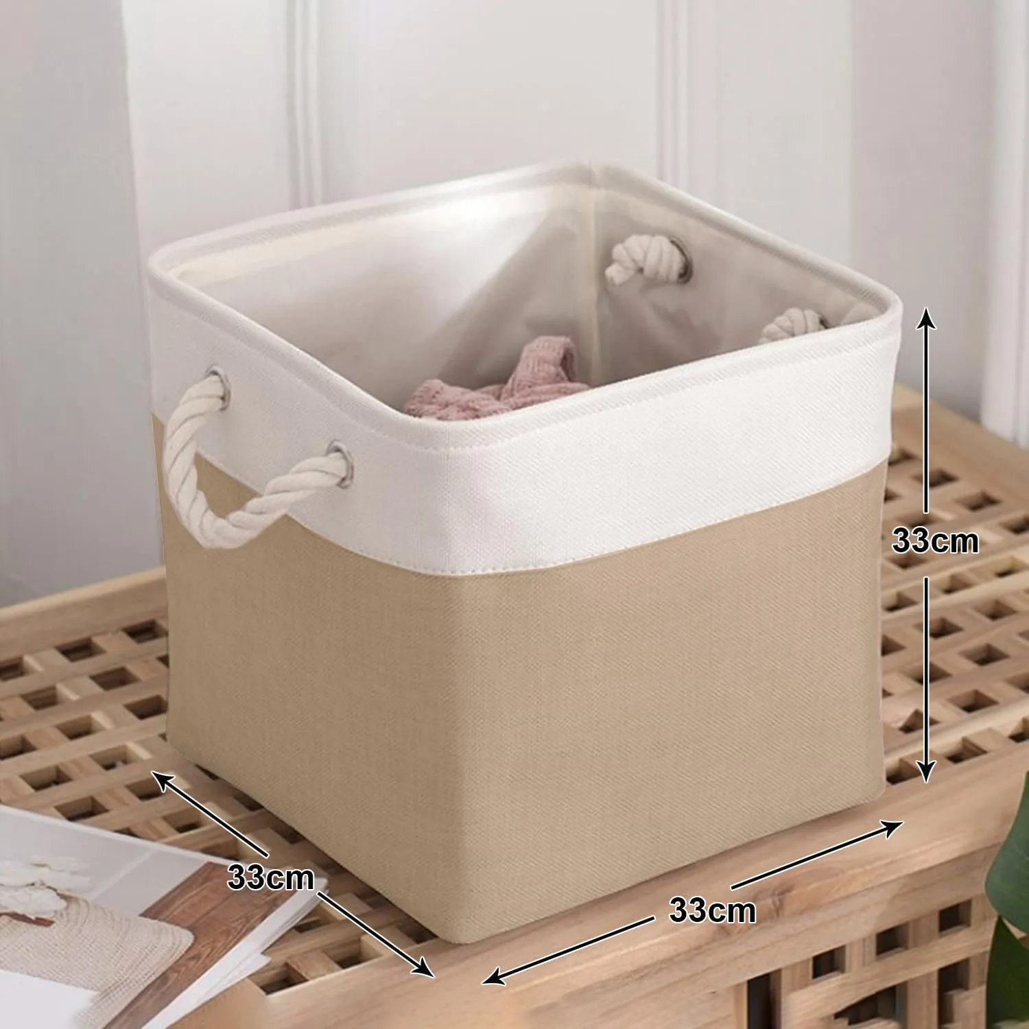 Kuber Industries Pack Of 2 Foldable Storage Basket|Polyester Toy Storage Bin|Wardrobe Organizer For Clothes (Dark Brown & Cream)