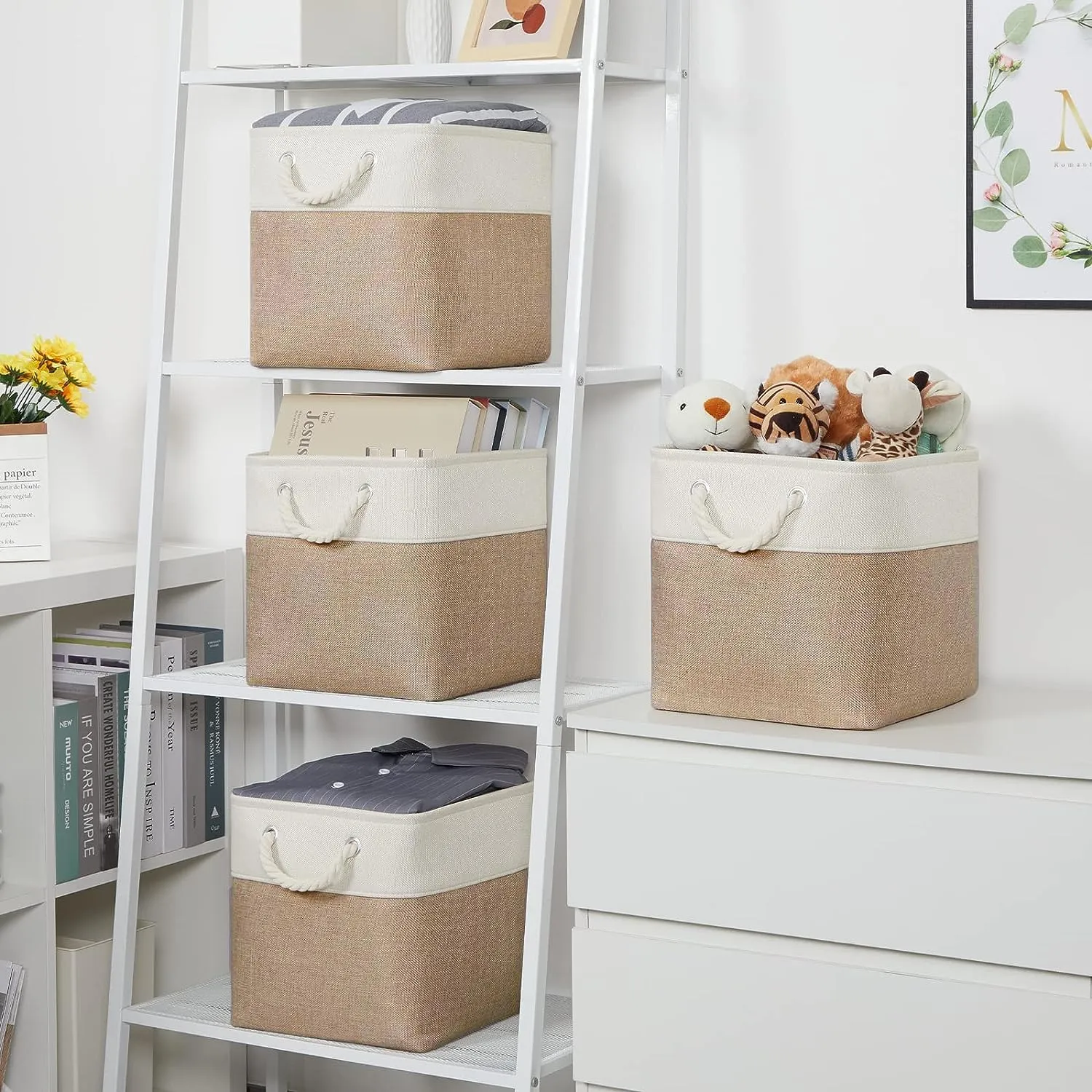 Kuber Industries Pack Of 3 Foldable Storage Basket|Polyester Toy Storage Bin|Wardrobe Organizer For Clothes (Dark Brown & Cream)