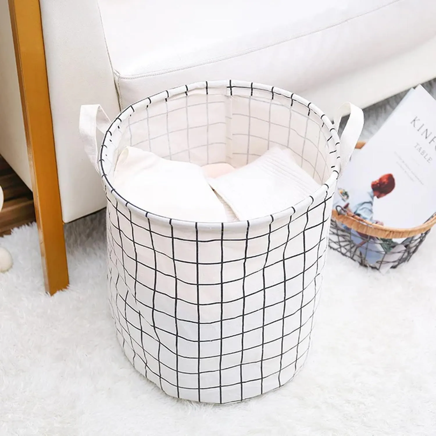 Kuber Industries Pack Of 3 Foldable Storage Basket|Round Toy Storage Bin|Side Grab Handle|Wardrobe, Closet Organizer (White)