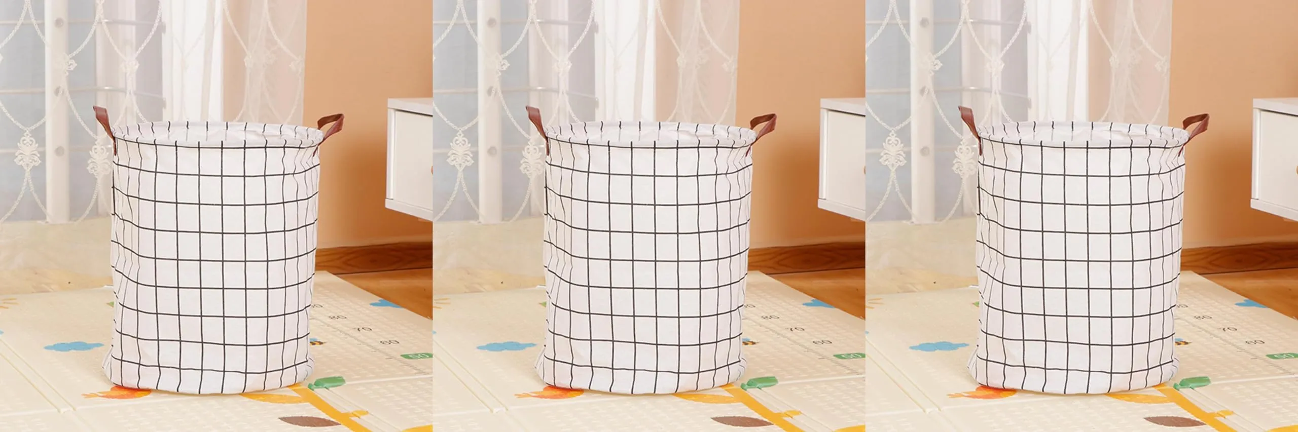 Kuber Industries Pack Of 3 Foldable Storage Basket|Round Toy Storage Bin|Side Grab Handle|Wardrobe, Closet Organizer (White)