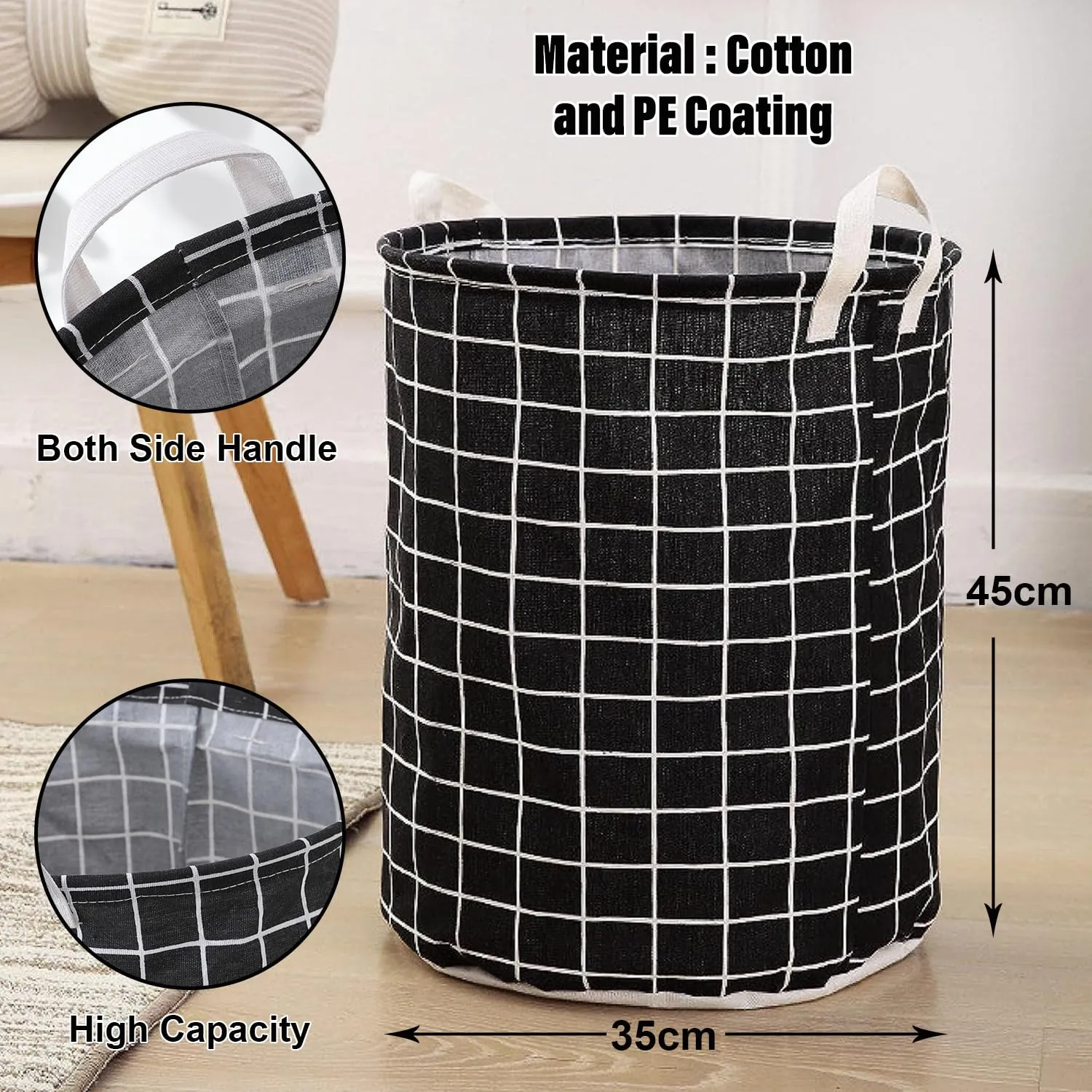 Kuber Industries Pack Of 4 Foldable Storage Basket|Round Toy Storage Bin|Side Grab Handle|Wardrobe, Closet Organizer (Black)