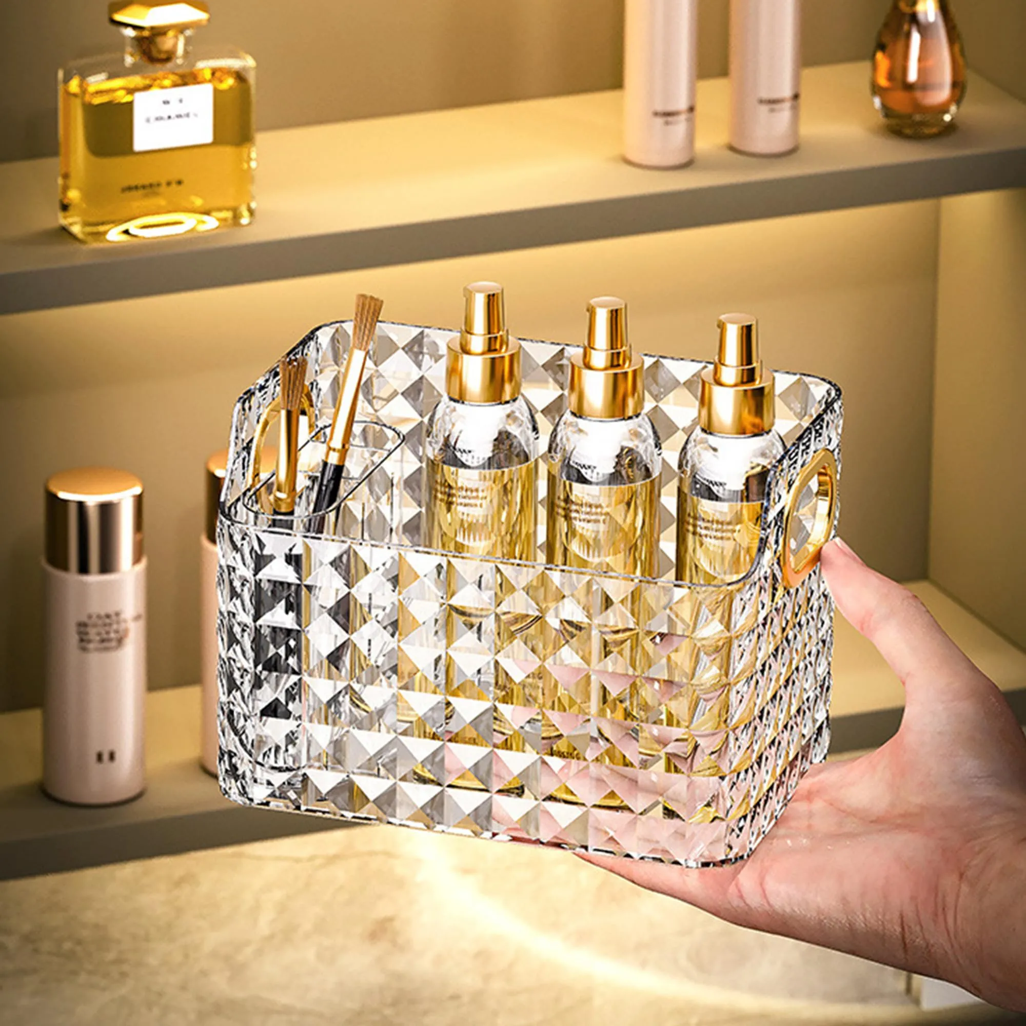 Kuber Industries Pack of 4 Makeup Desk Organizer | Diamond Cut Glass Finishing ABS | Multipurpose Cosmetic Organiser | large capacity | Skin Care Products Holder for Dressing Table | Transparent
