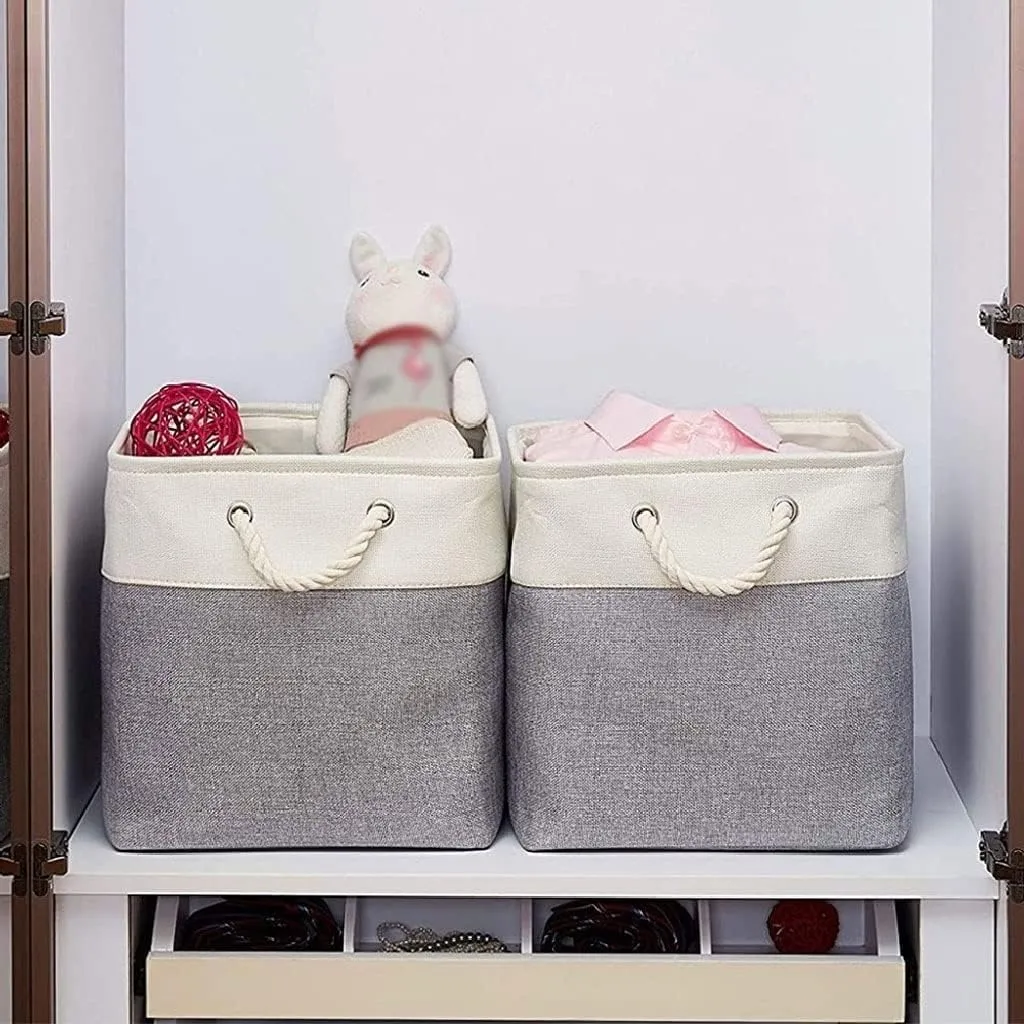 Kuber Industries Pack Of 5 Foldable Storage Basket|Polyester Toy Storage Bin|Wardrobe Organizer For Clothes (Grey & White)