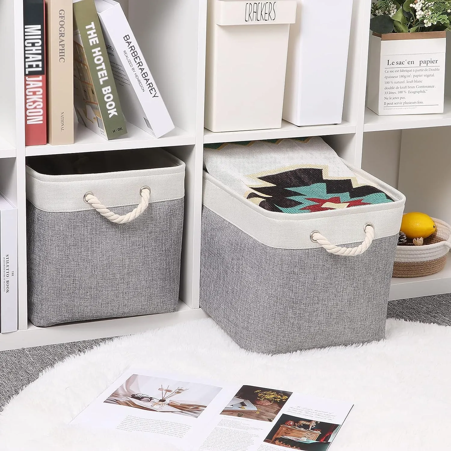 Kuber Industries Pack Of 5 Foldable Storage Basket|Polyester Toy Storage Bin|Wardrobe Organizer For Clothes (Grey & White)