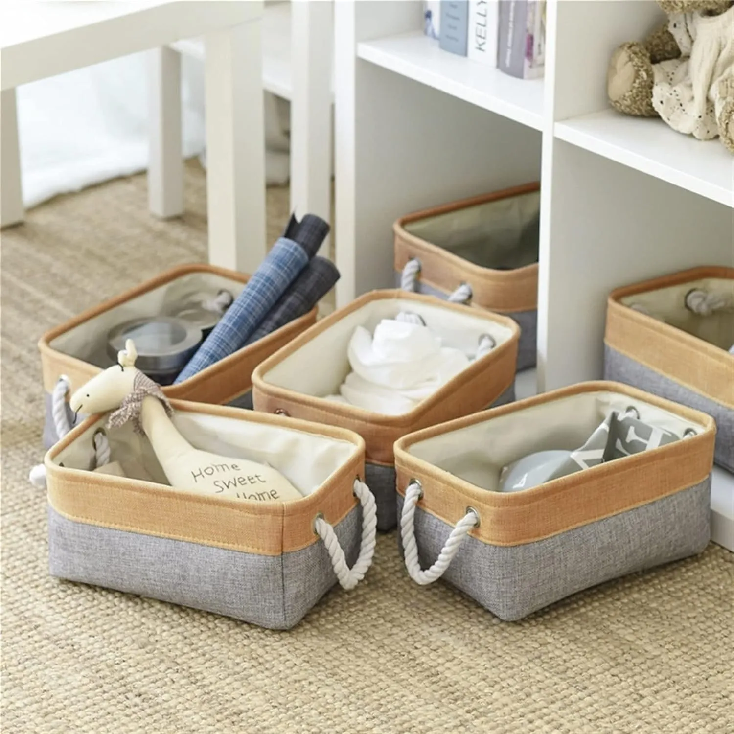 Kuber Industries Pack Of 5 Stackable Storage Basket|Foldable Toy Storage Bin|Wardrobe Organizer For Clothes|3 Different Sizes (Grey & Brown)