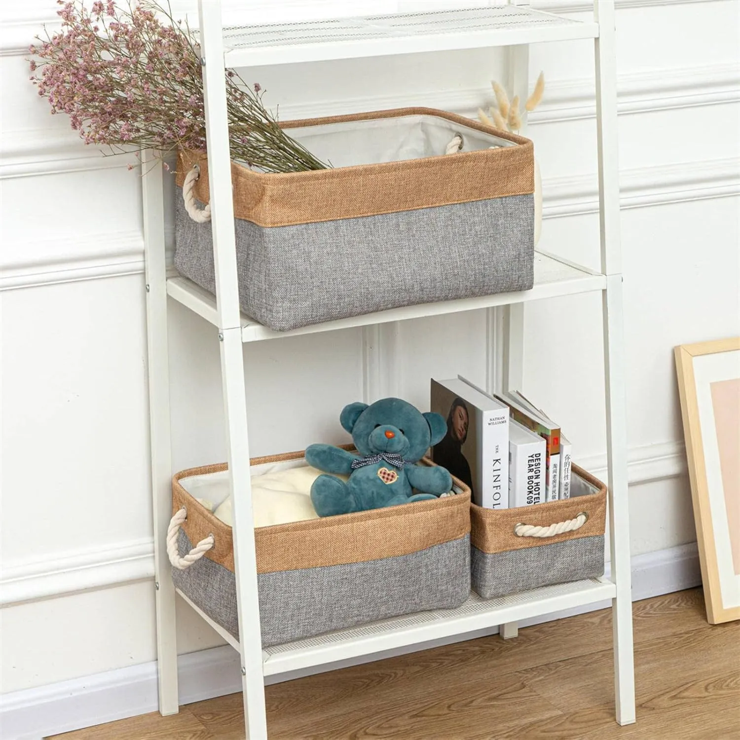 Kuber Industries Pack Of 5 Stackable Storage Basket|Foldable Toy Storage Bin|Wardrobe Organizer For Clothes|3 Different Sizes (Grey & Brown)