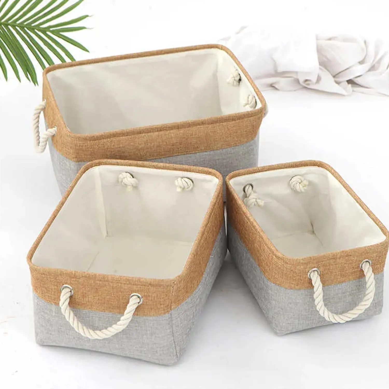 Kuber Industries Pack Of 5 Stackable Storage Basket|Foldable Toy Storage Bin|Wardrobe Organizer For Clothes|3 Different Sizes (Grey & Brown)