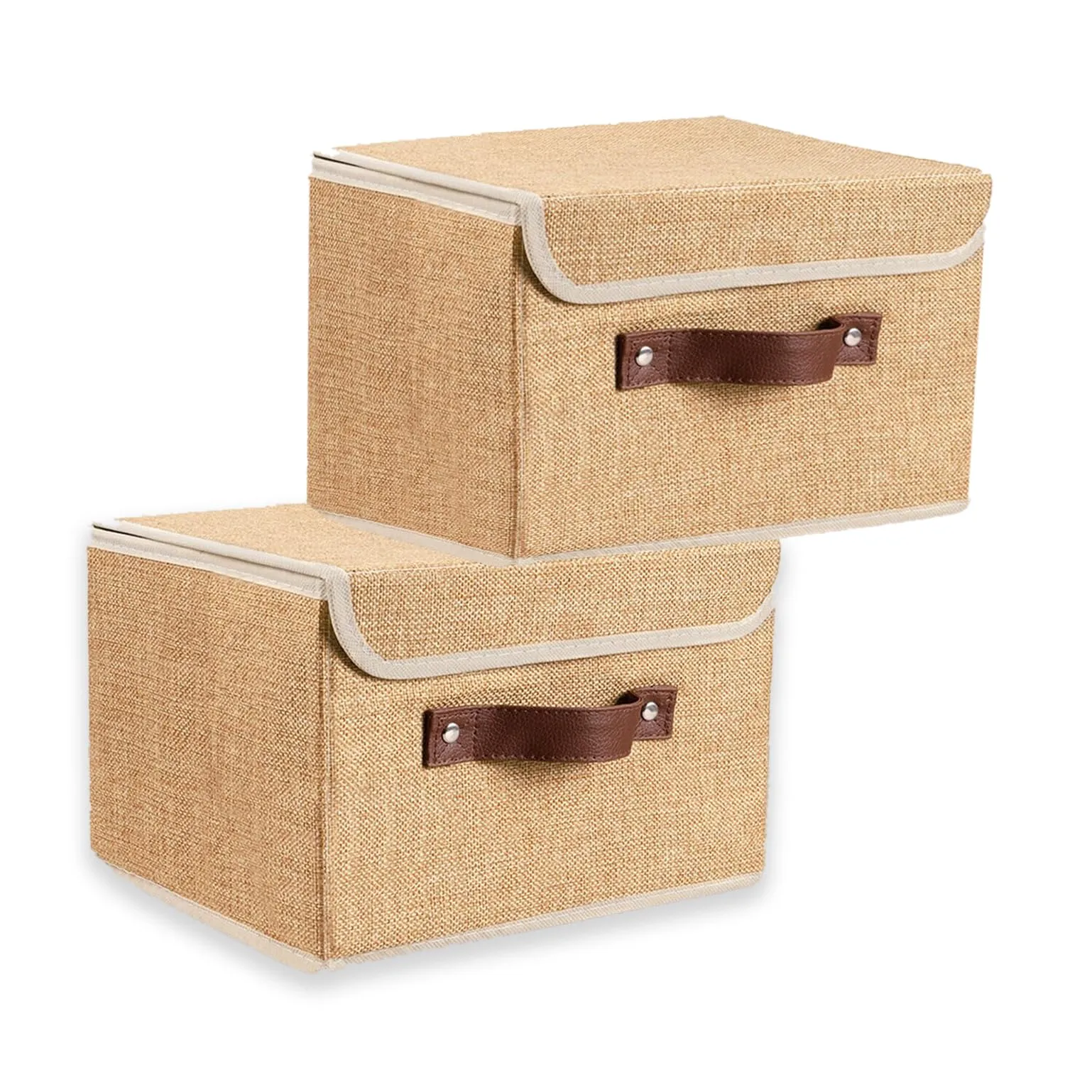 Kuber Industries Small Storage Box With Lid|Foldable Toys Storage Bin|Wardrobe Organizer For clothes|Front Handle & Sturdy Pack Of-2 (Khadi)