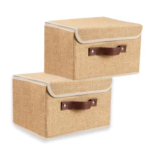 Kuber Industries Small Storage Box With Lid|Foldable Toys Storage Bin|Wardrobe Organizer For clothes|Front Handle & Sturdy Pack Of-2 (Khadi)