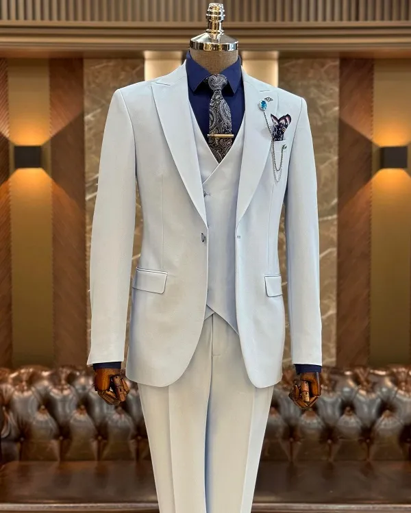 Light Blue Slim Fit 3 Piece Peak Lapel Suit for Men by GENT WITH