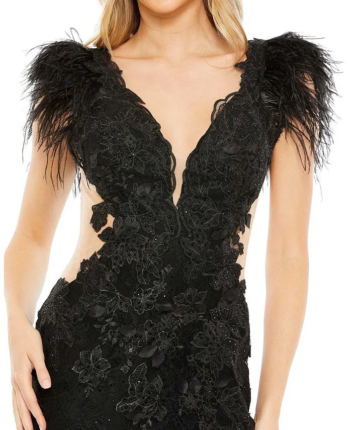 Mac Duggal Women's Short Sleeve Feather Lace Dress Black