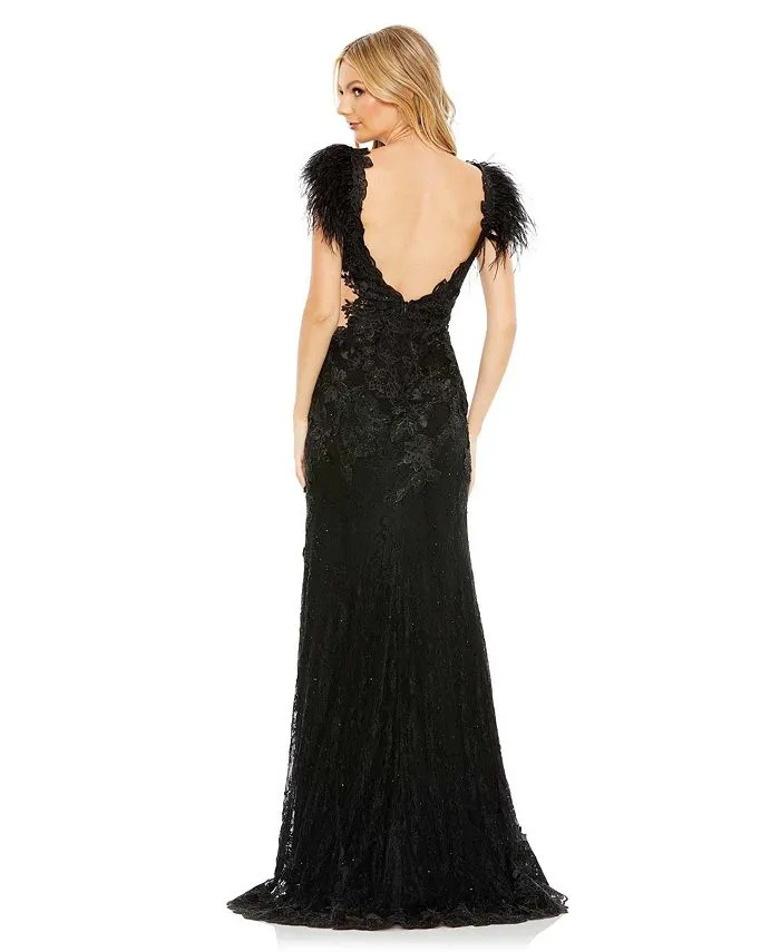Mac Duggal Women's Short Sleeve Feather Lace Dress Black