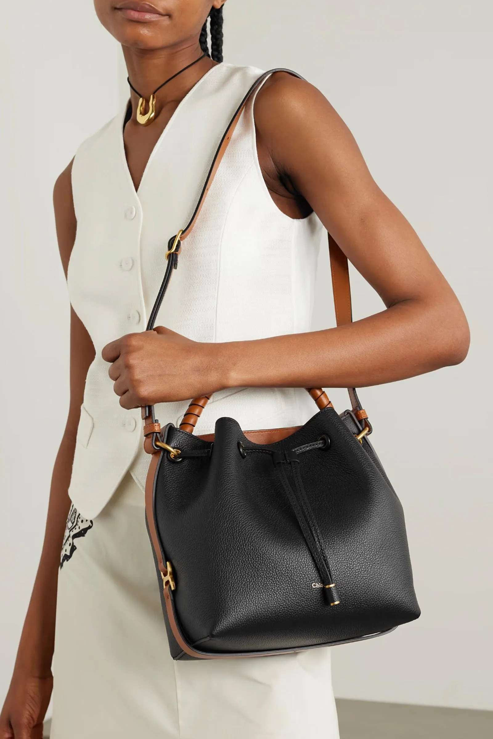 Marcie Two-tone Textured-leather Bucket Bag