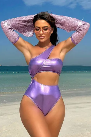 Metallic Asymmetric Striking One Shoulder One Piece Swimwear