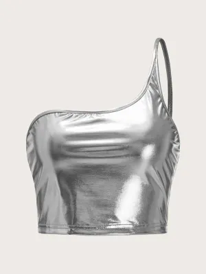 Metallic PU One Shoulder Top