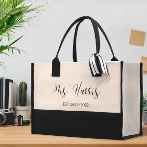 Mrs. Last Name Est Year Tote Bag Personalized Date Wedding Tote Bridal Shower Gift Honeymoon Gift Customized Wedding Gift Bridesmaid Gift