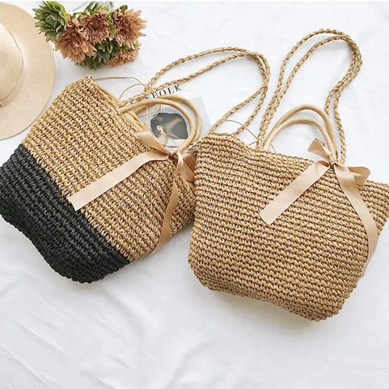 New Summer Straw Weave Shoulder Bag For Women Beach Holiday Crossbody Bag Lady Bow Ribbon Design Casual Rattan Bucket Handbags