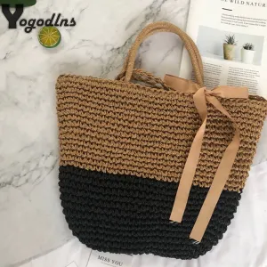 New Summer Straw Weave Shoulder Bag For Women Beach Holiday Crossbody Bag Lady Bow Ribbon Design Casual Rattan Bucket Handbags