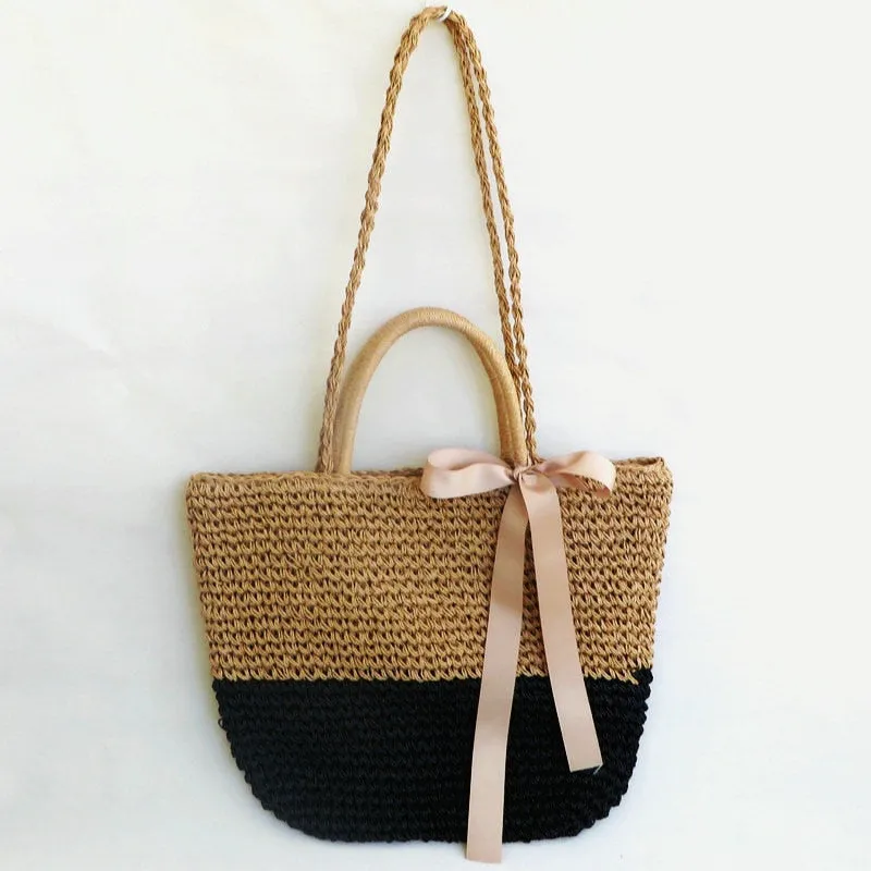 New Summer Straw Weave Shoulder Bag For Women Beach Holiday Crossbody Bag Lady Bow Ribbon Design Casual Rattan Bucket Handbags