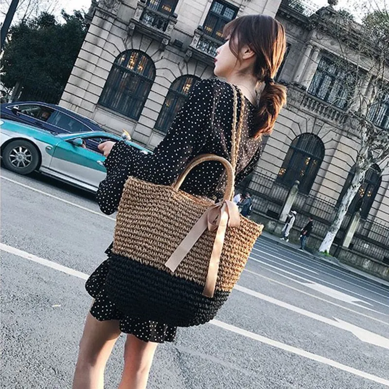 New Summer Straw Weave Shoulder Bag For Women Beach Holiday Crossbody Bag Lady Bow Ribbon Design Casual Rattan Bucket Handbags