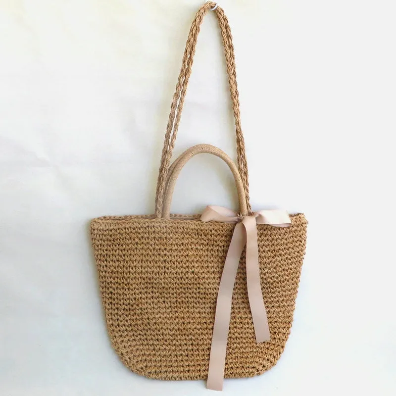 New Summer Straw Weave Shoulder Bag For Women Beach Holiday Crossbody Bag Lady Bow Ribbon Design Casual Rattan Bucket Handbags