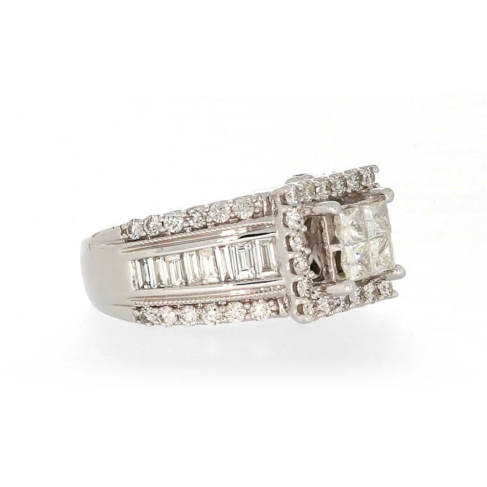 New York 14ct White Gold Princess & Baguette & Round Brilliant Cut 2 CARAT tw of Diamonds Ring