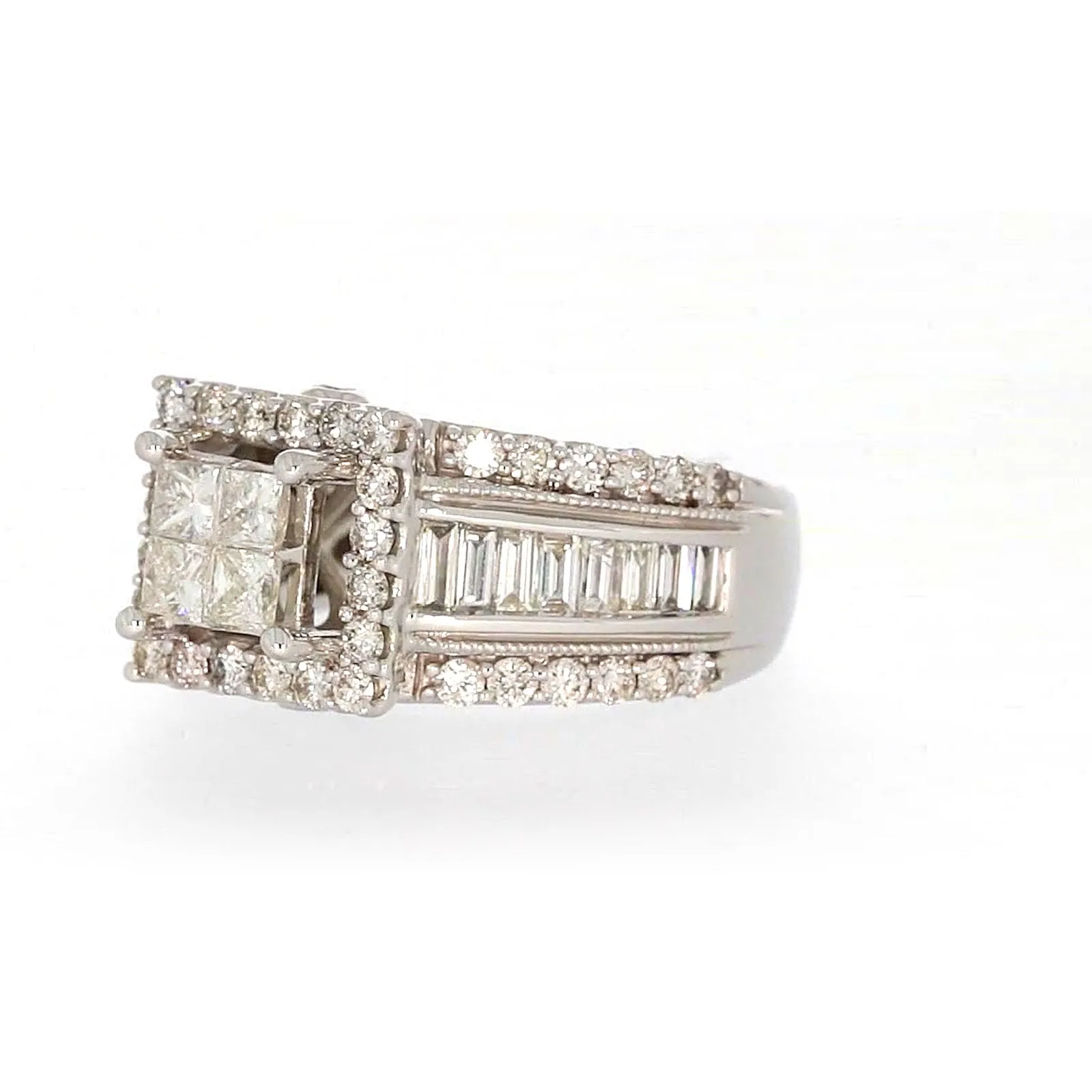 New York 14ct White Gold Princess & Baguette & Round Brilliant Cut 2 CARAT tw of Diamonds Ring