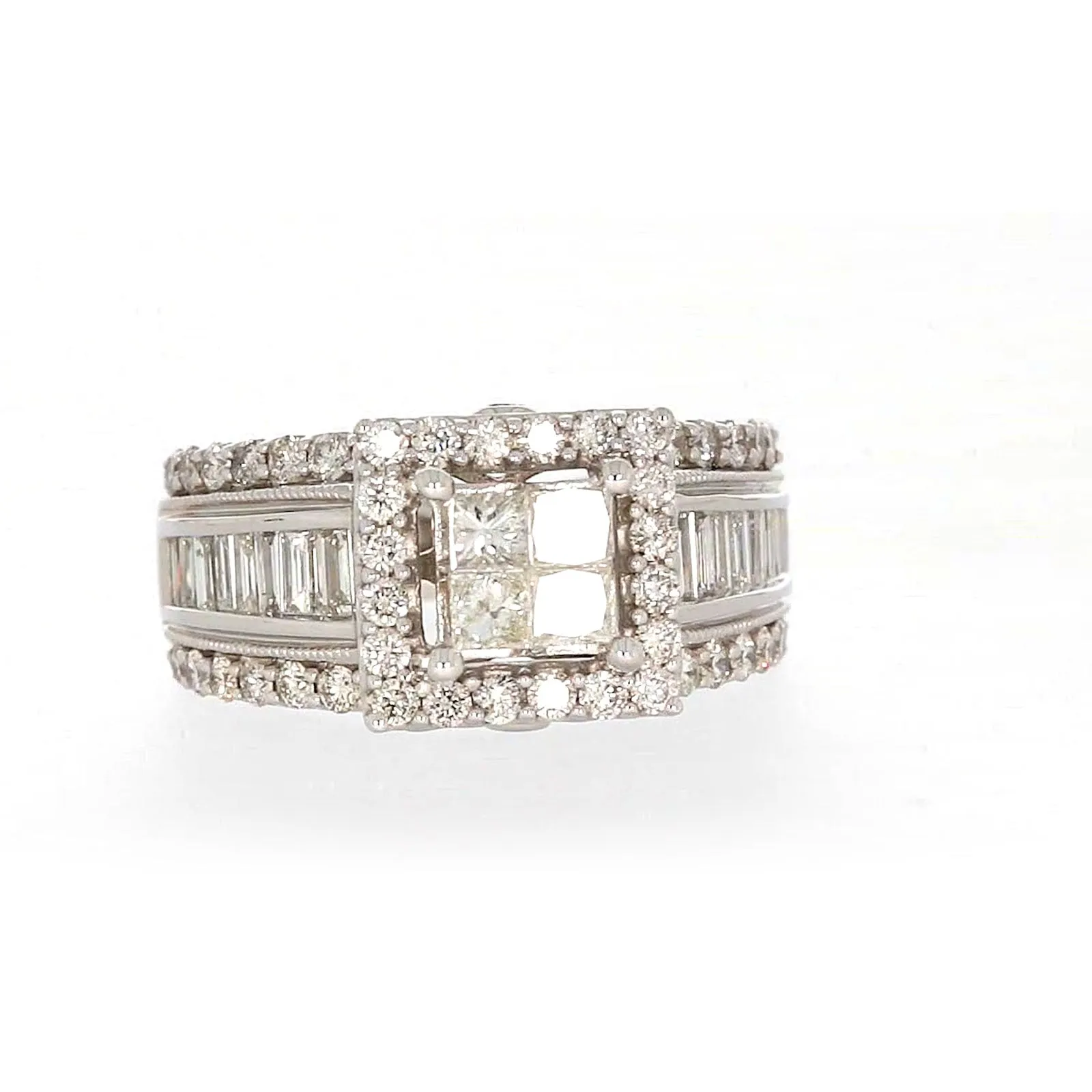 New York 14ct White Gold Princess & Baguette & Round Brilliant Cut 2 CARAT tw of Diamonds Ring