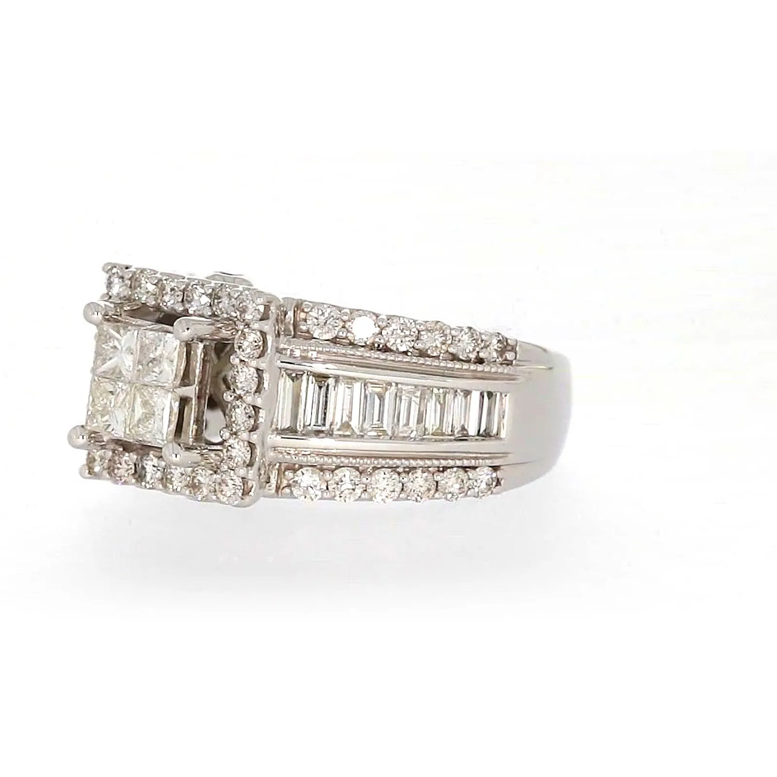 New York 14ct White Gold Princess & Baguette & Round Brilliant Cut 2 CARAT tw of Diamonds Ring