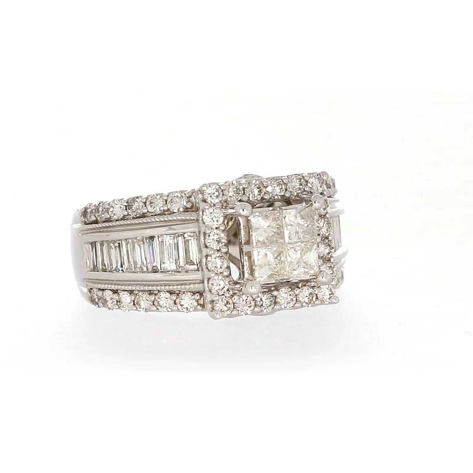 New York 14ct White Gold Princess & Baguette & Round Brilliant Cut 2 CARAT tw of Diamonds Ring