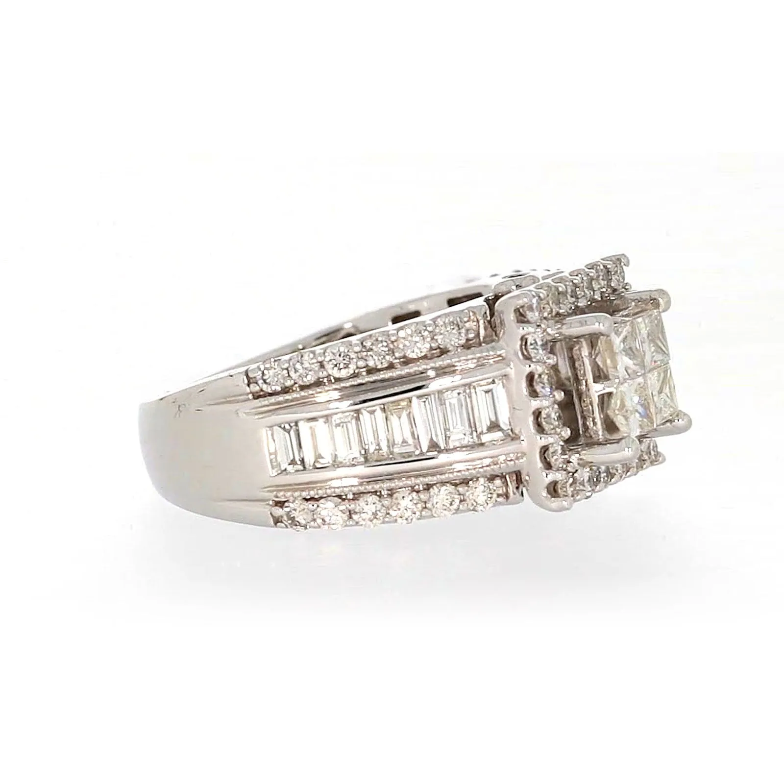 New York 14ct White Gold Princess & Baguette & Round Brilliant Cut 2 CARAT tw of Diamonds Ring