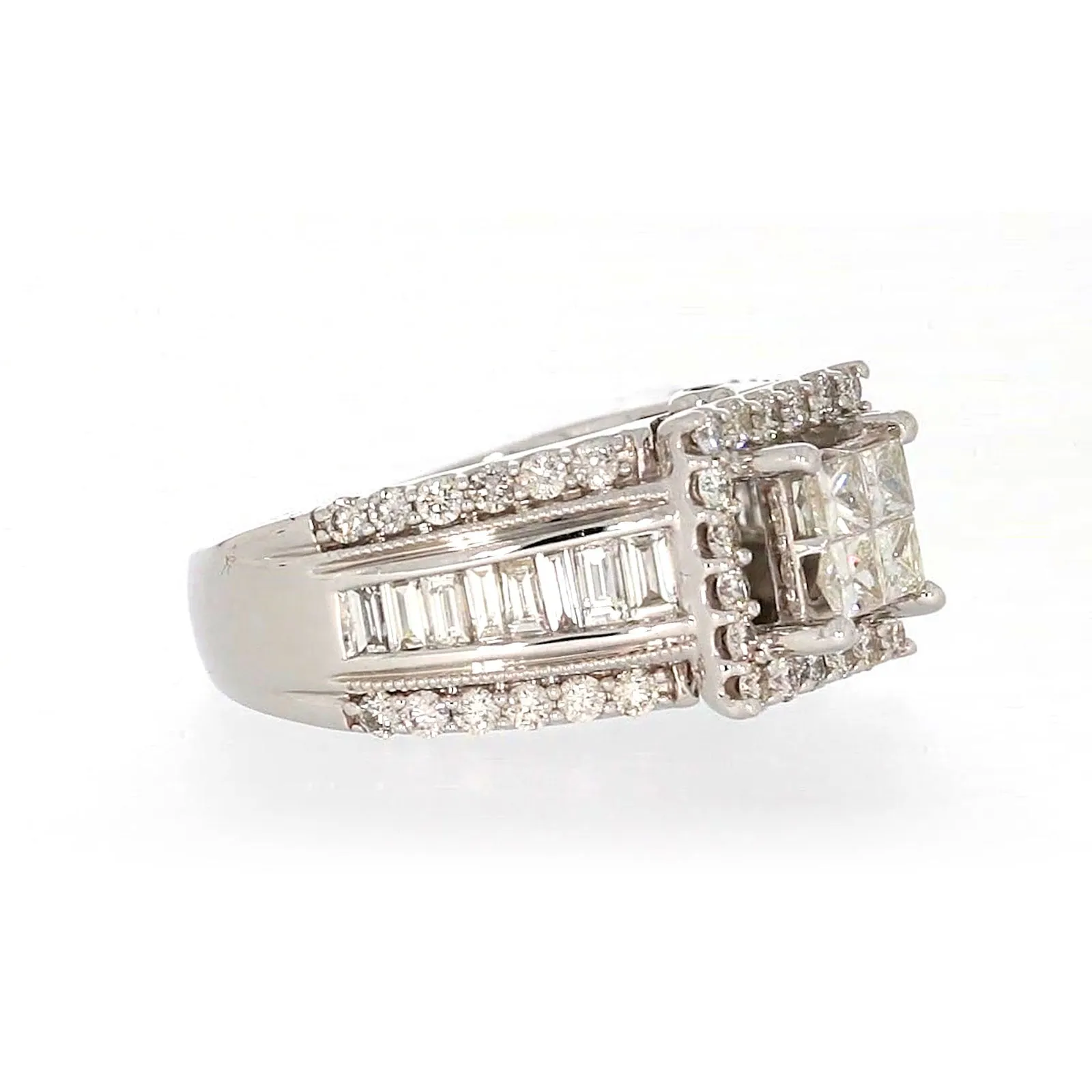 New York 14ct White Gold Princess & Baguette & Round Brilliant Cut 2 CARAT tw of Diamonds Ring