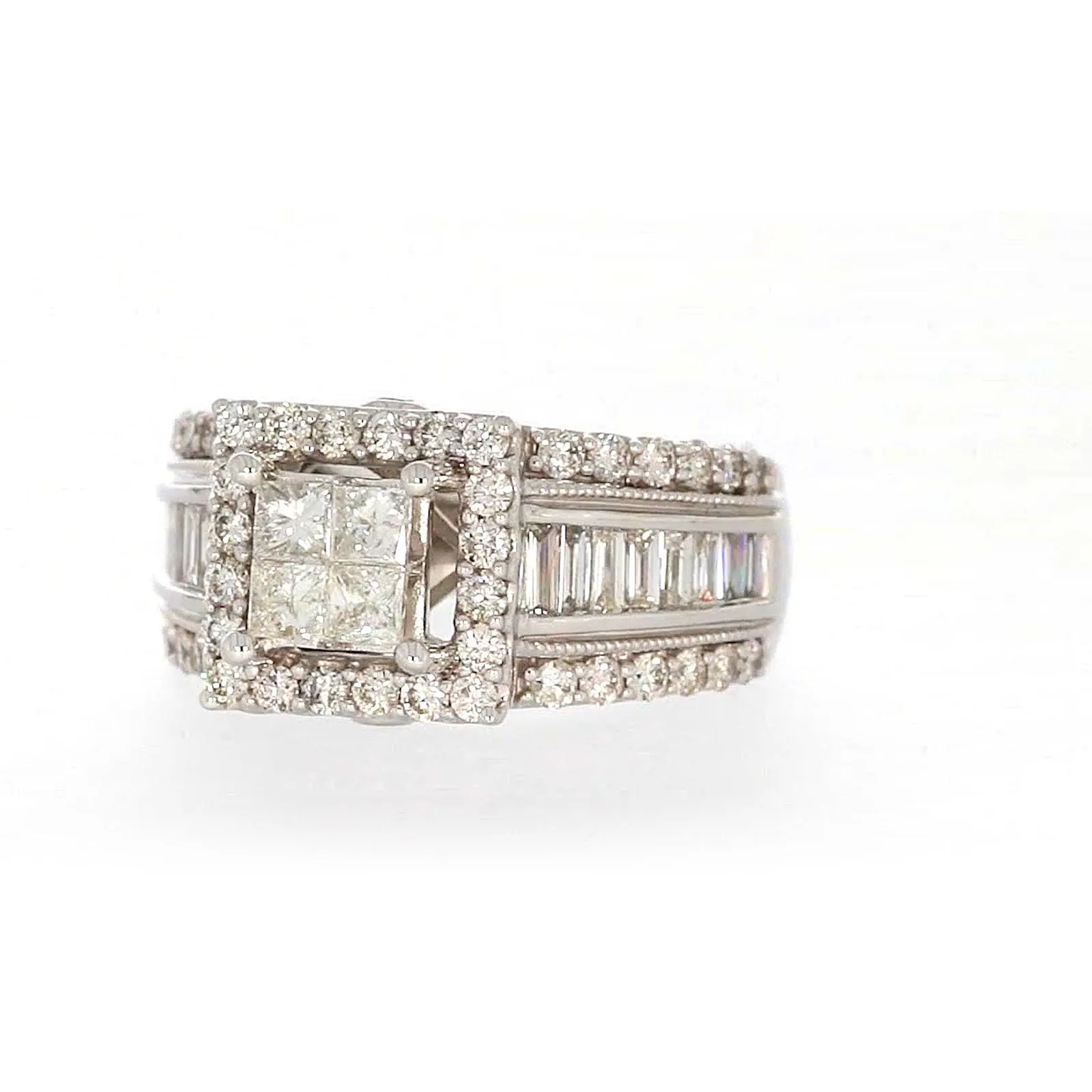 New York 14ct White Gold Princess & Baguette & Round Brilliant Cut 2 CARAT tw of Diamonds Ring