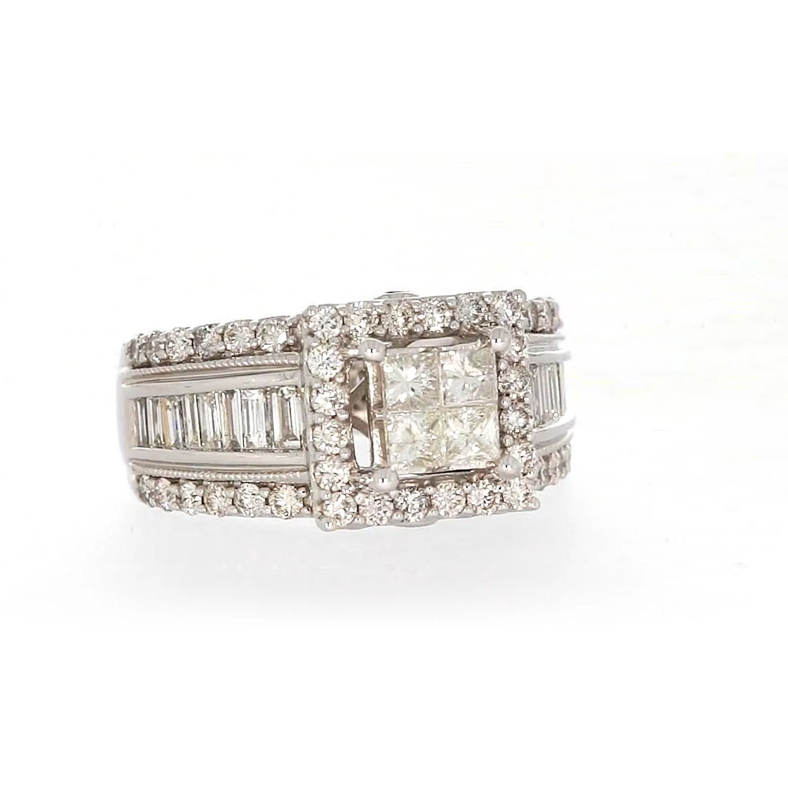 New York 14ct White Gold Princess & Baguette & Round Brilliant Cut 2 CARAT tw of Diamonds Ring