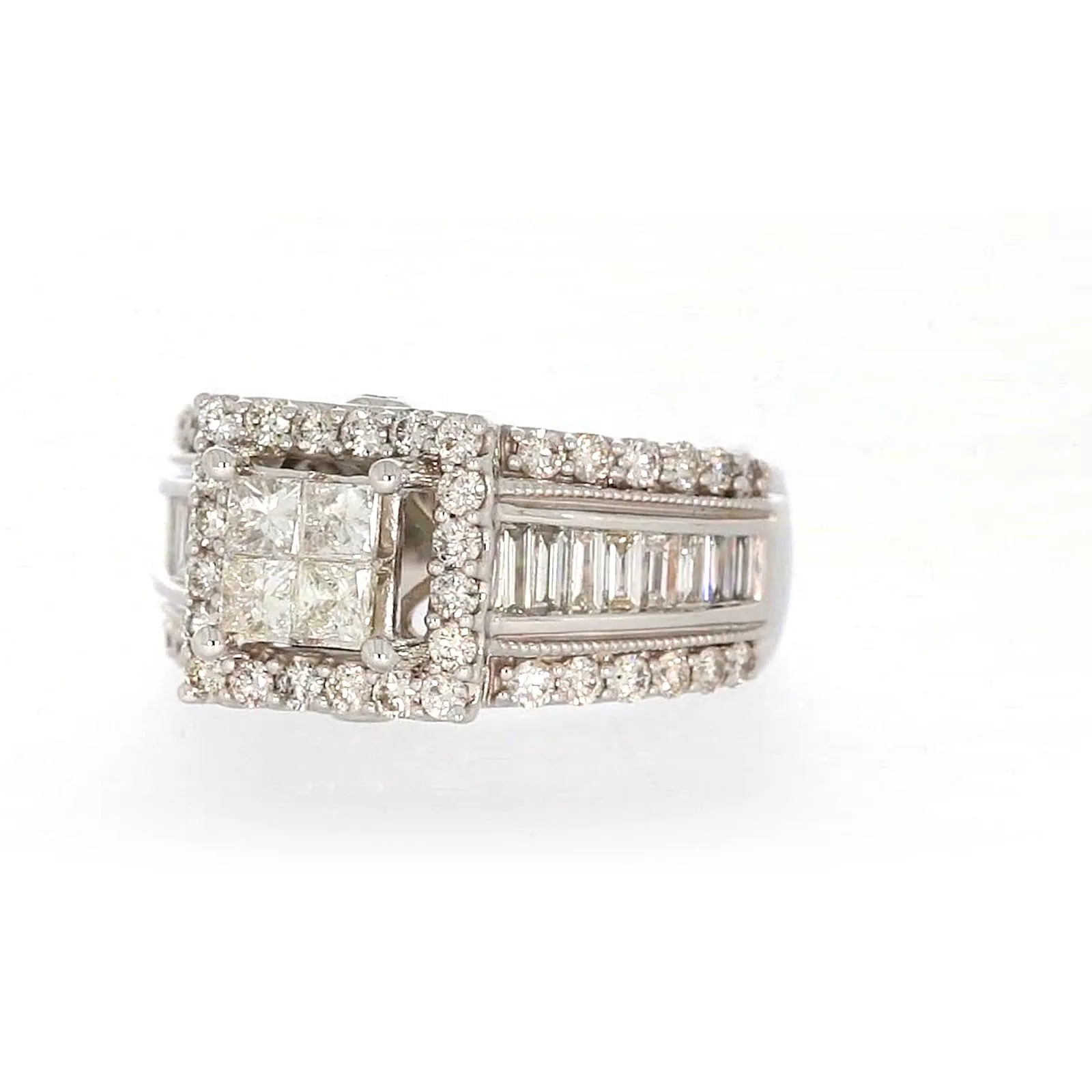 New York 14ct White Gold Princess & Baguette & Round Brilliant Cut 2 CARAT tw of Diamonds Ring