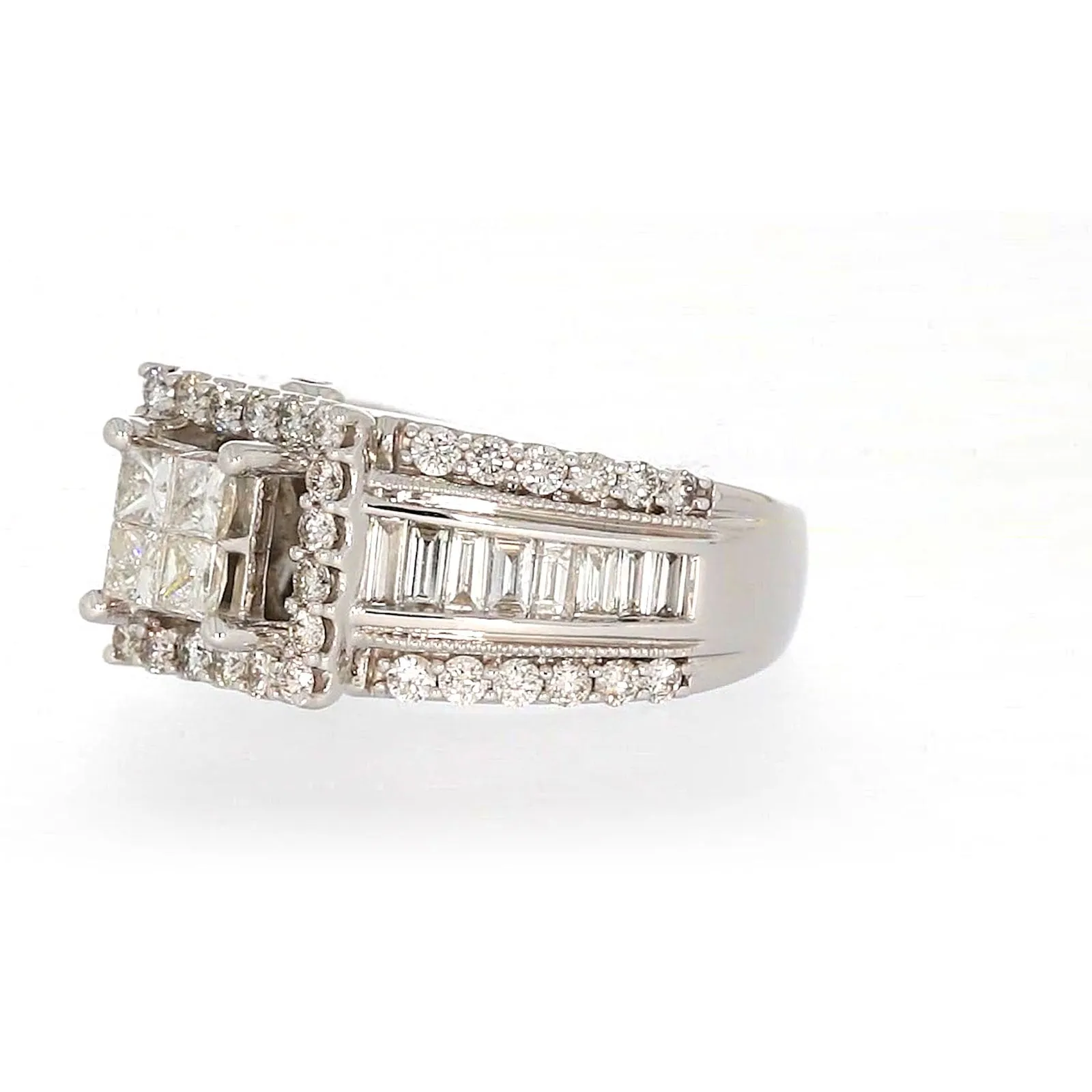 New York 14ct White Gold Princess & Baguette & Round Brilliant Cut 2 CARAT tw of Diamonds Ring