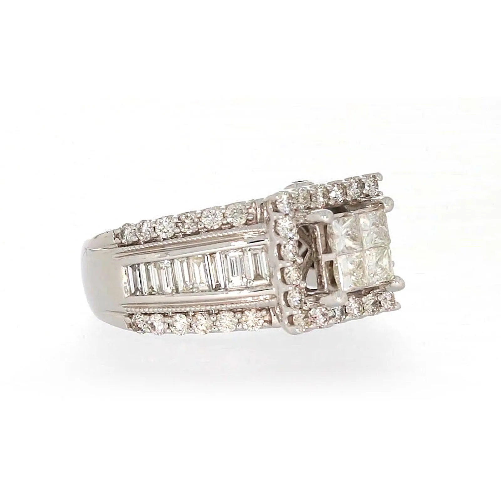 New York 14ct White Gold Princess & Baguette & Round Brilliant Cut 2 CARAT tw of Diamonds Ring