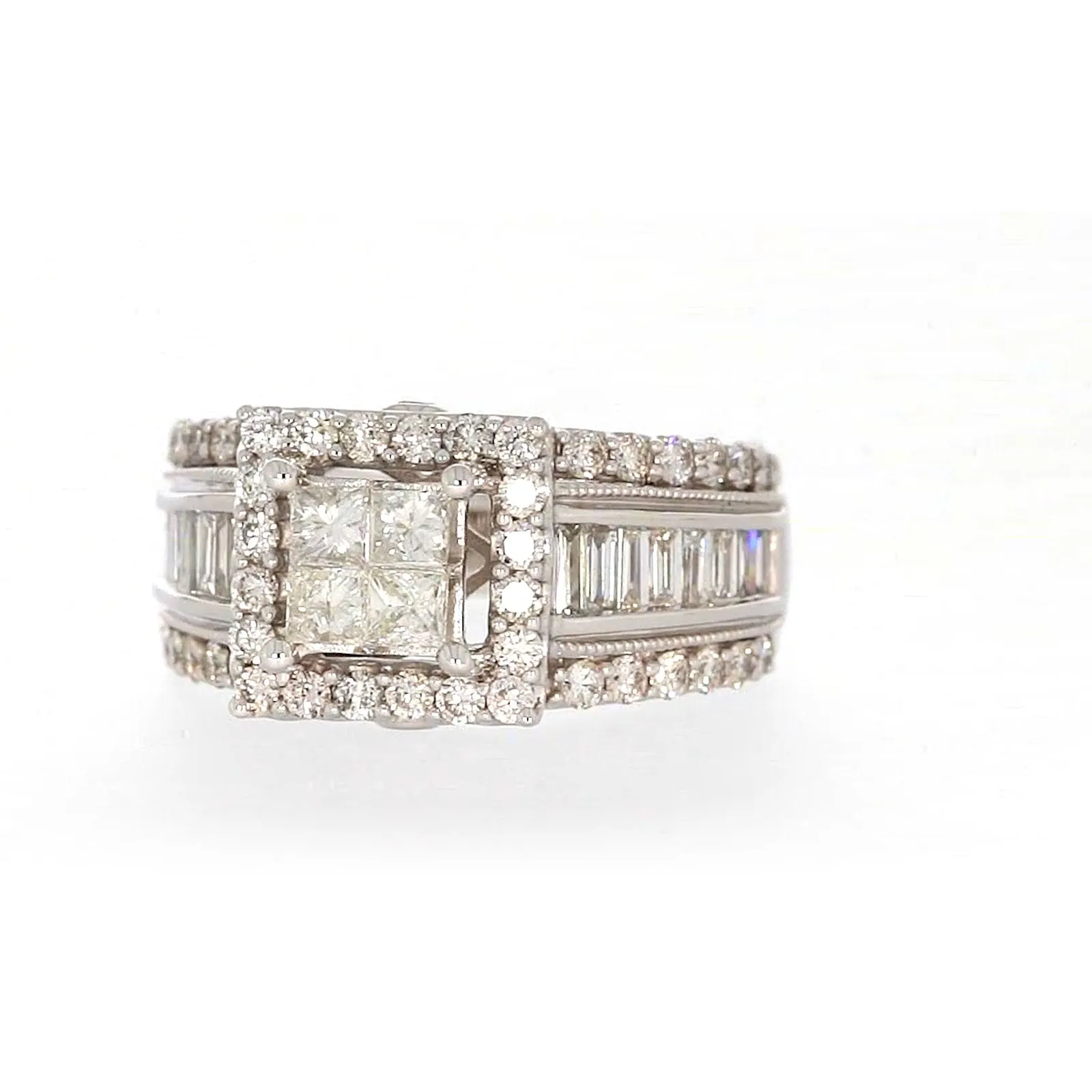 New York 14ct White Gold Princess & Baguette & Round Brilliant Cut 2 CARAT tw of Diamonds Ring
