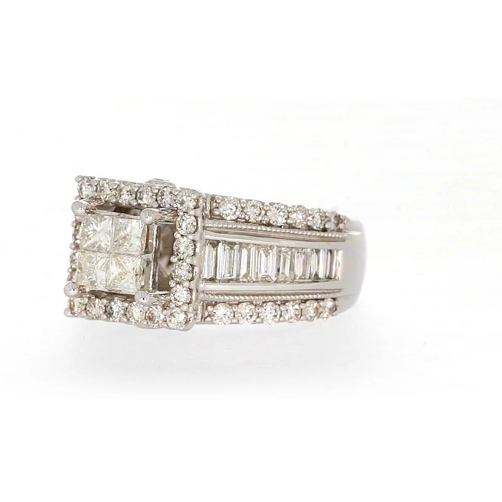 New York 14ct White Gold Princess & Baguette & Round Brilliant Cut 2 CARAT tw of Diamonds Ring